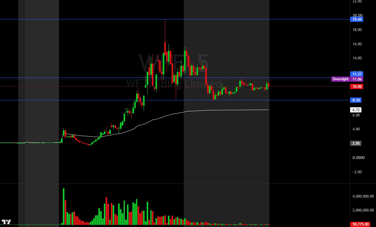 WF Holding 5-minute chart showing the parabolic run to $19.44 and consolidation between $10.00 and $11.27 on October 9, 2026